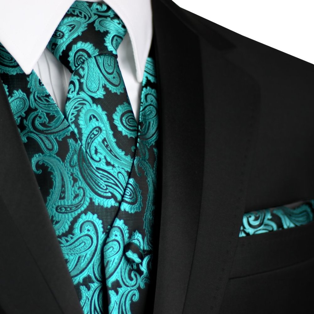 Men's Formal Wedding Prom Homecoming Tuxedo Vest Tie Hankie - Jade Paisley